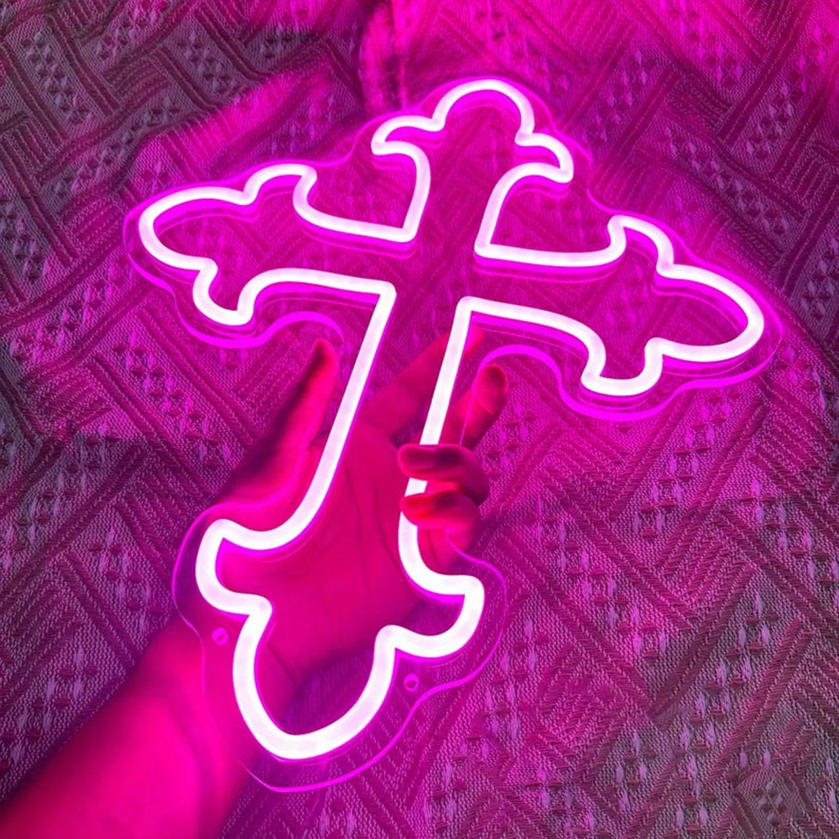 USB-Powered LED Neon Cross Sign - 12 Color Options, Easy to Hang, Decorative Lace Design for Home, Office, and Party Decor