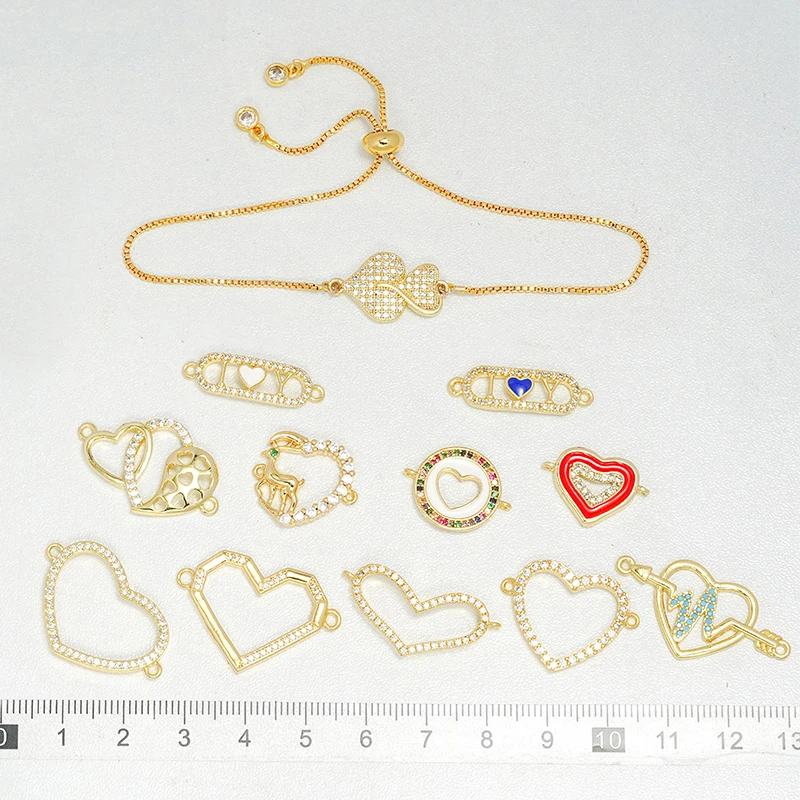 

4Pcs Enamel Connector Diy Bracelet Necklace Jewelry Making Hollow Heart Curved Brass Accessories Deer ECG Zircon Charm Wholesale
