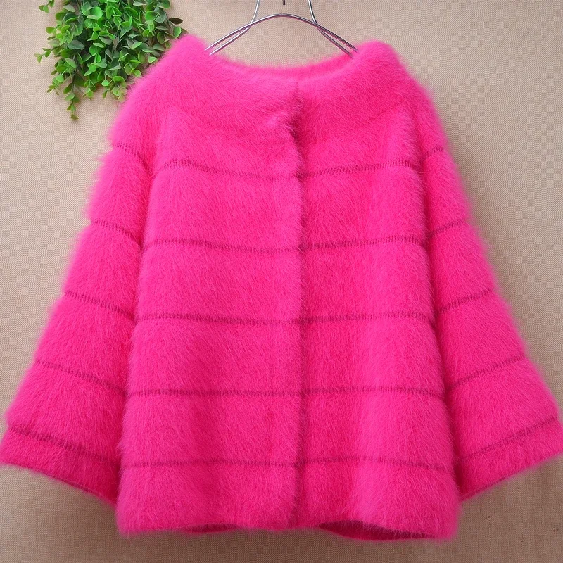 Female Women Autumn Winter Clothing Pull Rose Hairy Mink Cashmere Knitted Three Quarter Sleeves Loose Cardigans Sweater Jacket