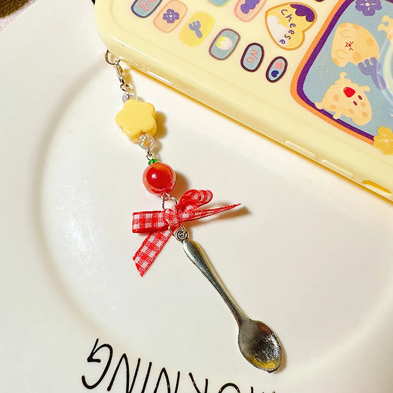 Red Plaid Ribbon Spoon Mobile Phone Chain Guben Pendant Keychain Cellphone Hanging Buckle Phone Lanyard Earphone Camera Chain