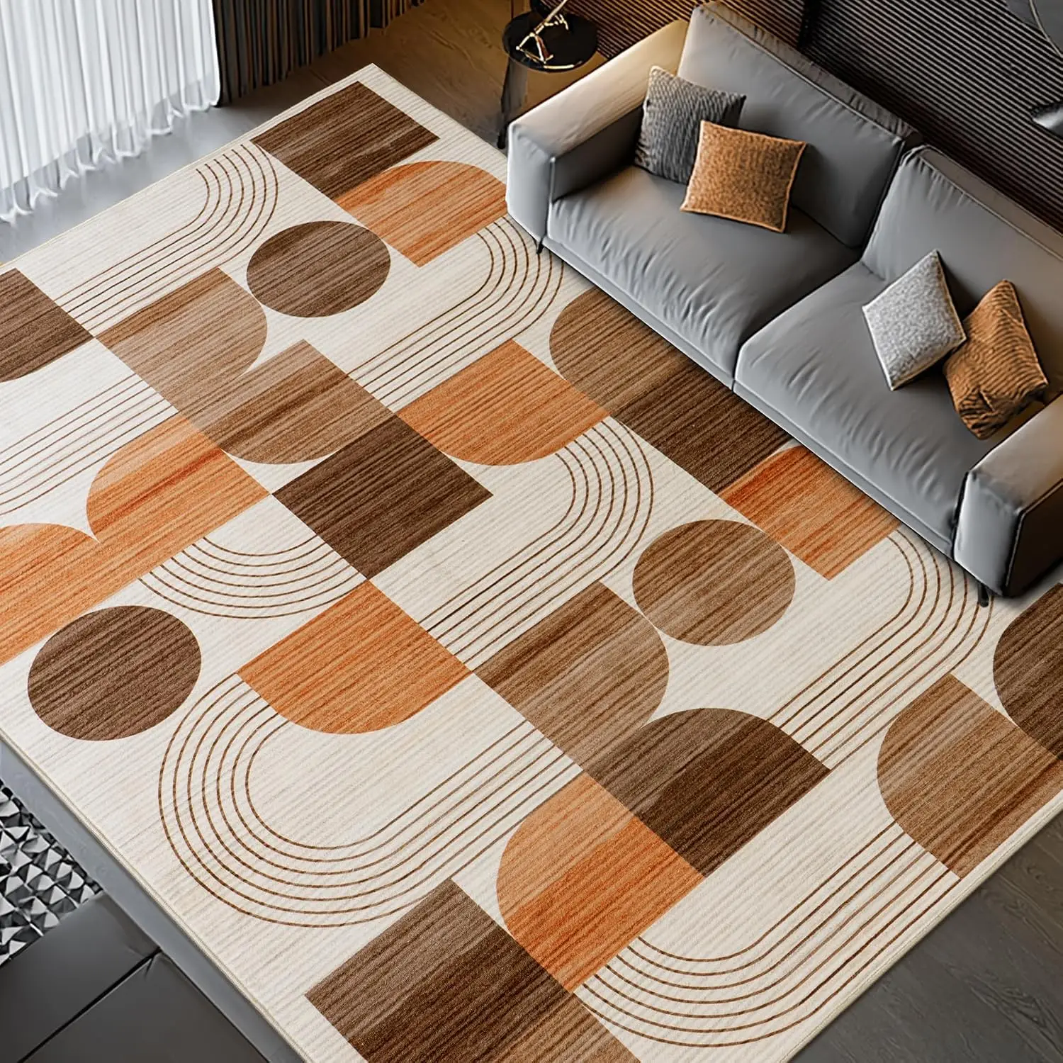 1pc 2D Flat Earth Tone Semi-Circle Geometric Printed Floor Mat, Decorative Rug for Living Room, Bedroom, Office, Home Decor