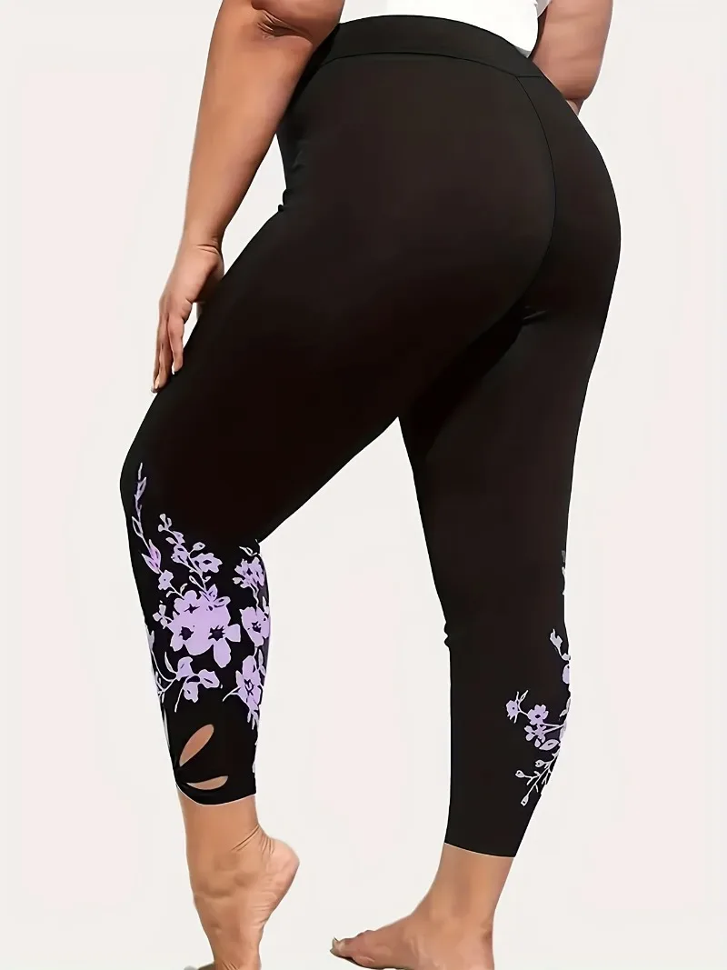 Plus Size 1XL-8XL Casual Leggings Women\'s Plus Floral Print Cut Out High Rise Medium Stretch Leggings