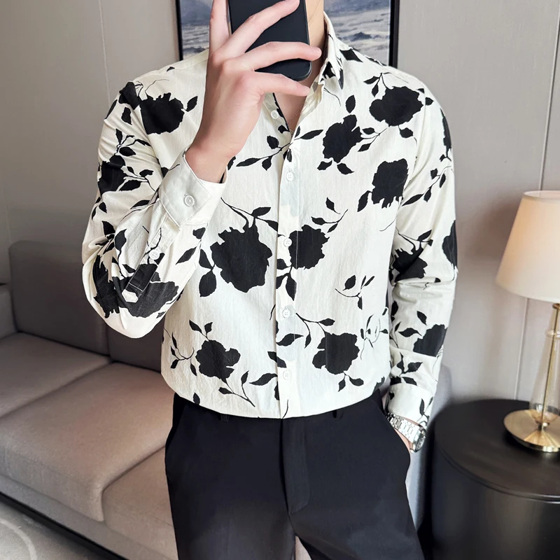 

White Men's Long Sleeve Cotton Shirt, Black Printed Shirts, 22 Colors To Choose From Single-breasted Square Neck Blouse,M-6XL