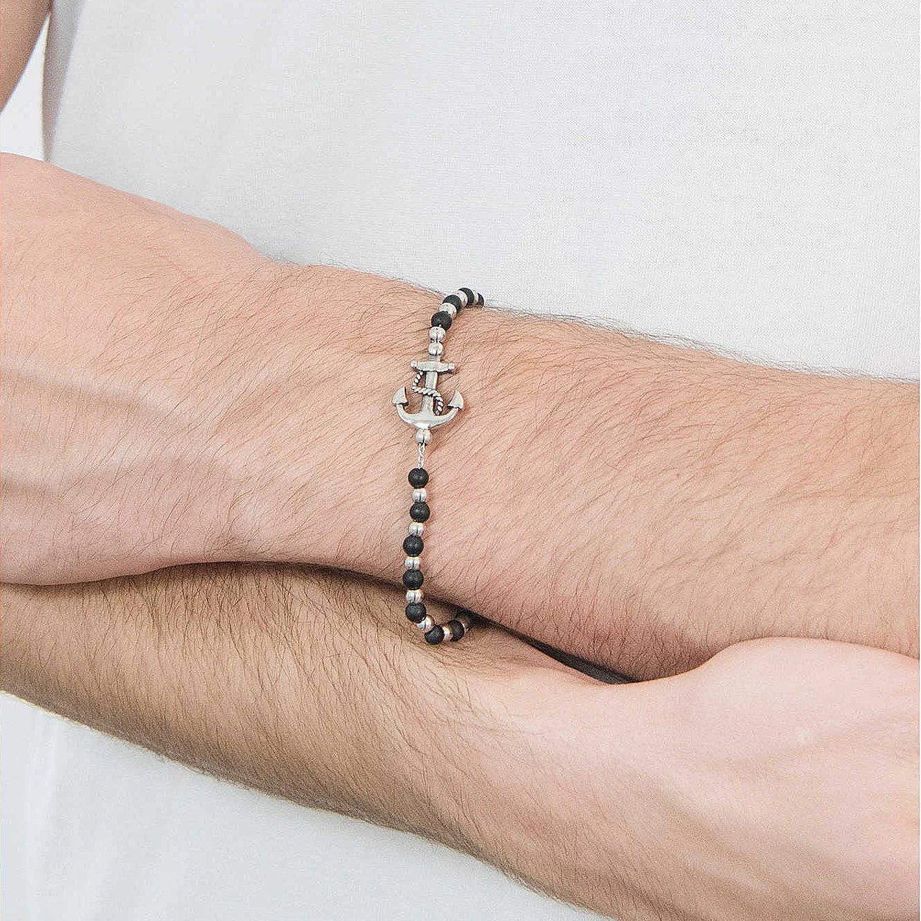 Runda Men's Natural Stone Bracelet Obsidian with Stainless Steel Anchor Adjustable Size 22cm Fashion Handmade Beads Bracelet