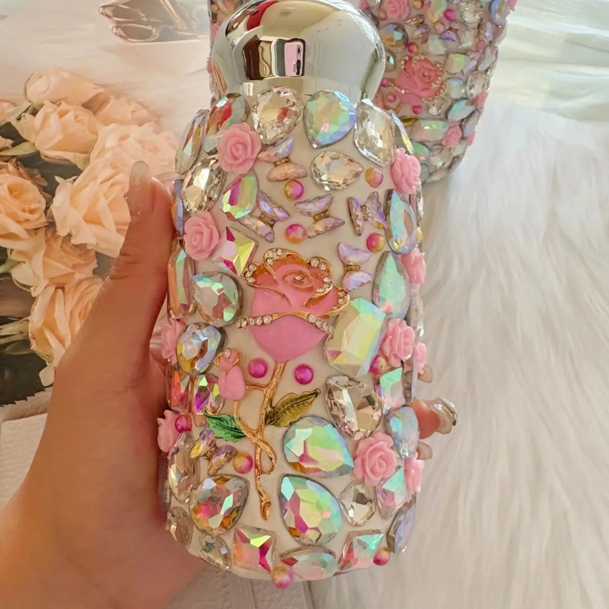 Sparkling Rhinestone Rose Ladies Fashion Light Luxury 304 Stainless Steel Portable High Appearance Water Bottle