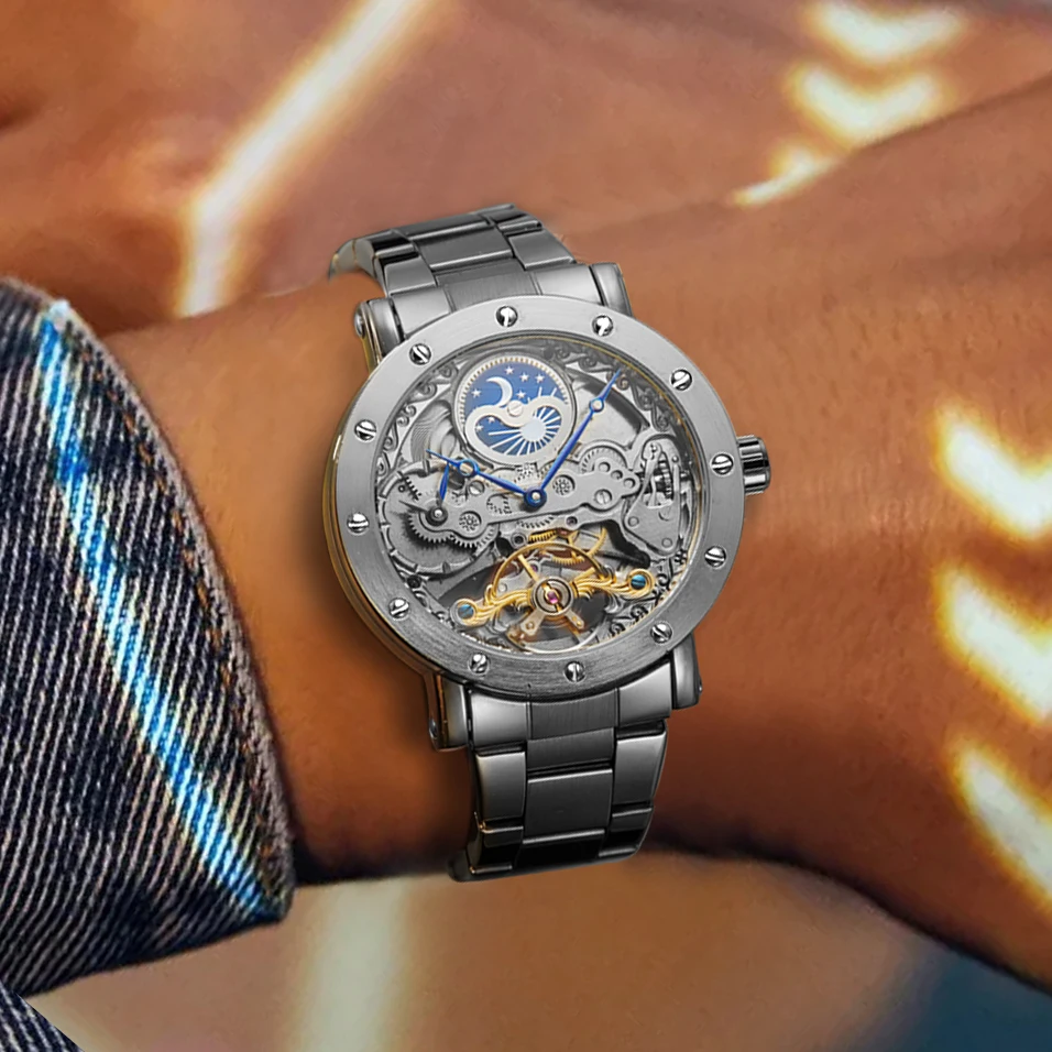 Luxury Brand GMT Time Zone Moon Phase Automatic Movement Man Watch Stainless Steel Skeleton Mechanical Waterproof Male Clockwork