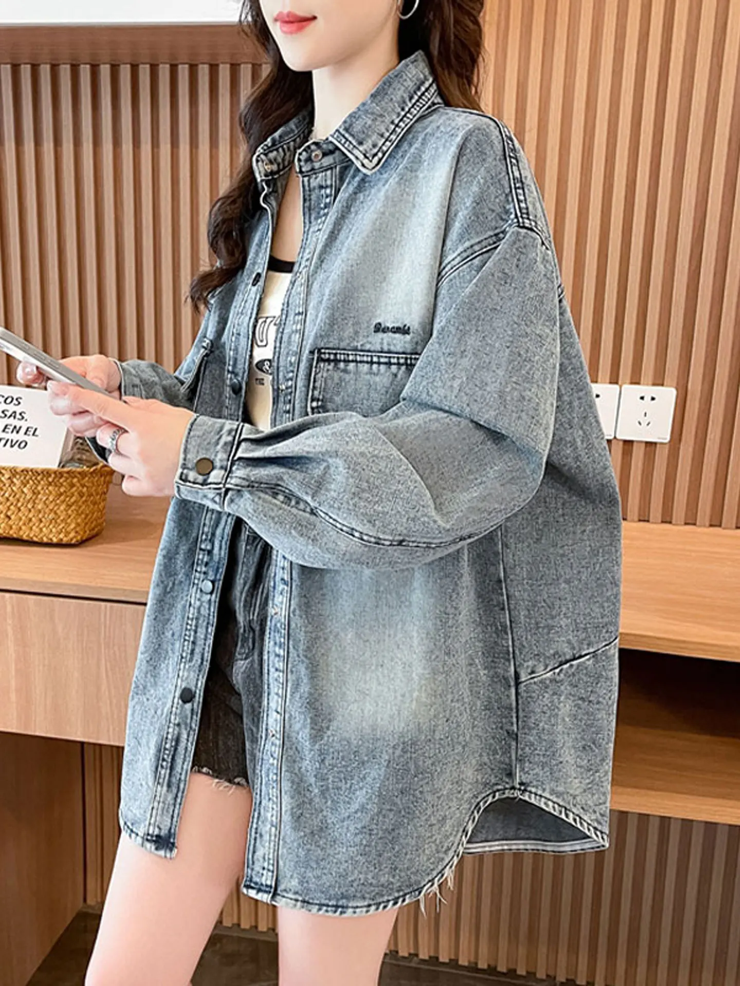 Loose Women's Denim Jacket Spring Autumn High School Student Casual Open Cardigan Warm Polyester Fiber Long Sleeve  Collar