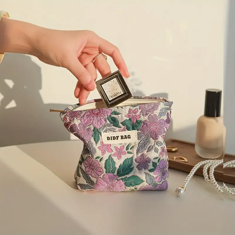 1pc Women's Makeup Bag Small Vintage Purple Flower Large Capacity Makeup Lipstick Storage Bag Portable Coin Coin Purse