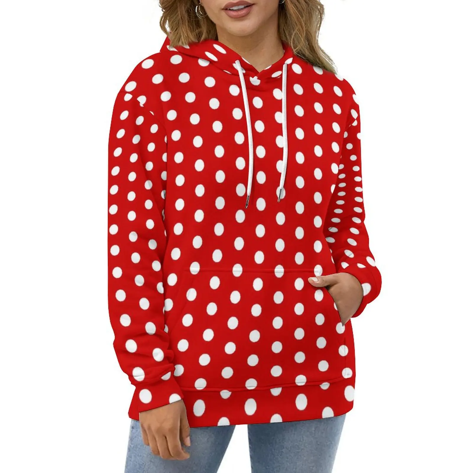 

Red White Polka Dot Casual Hoodies Vintage Print Pullover Hoodie Couple Long Sleeve Streetwear Custom Loose Oversize Clothing