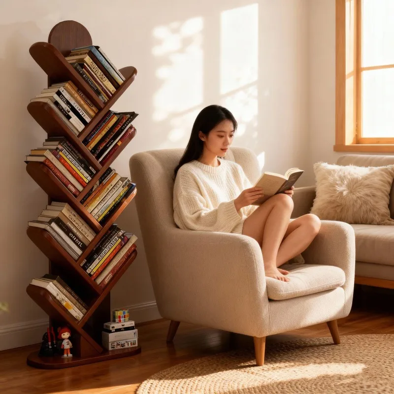 Solid wood tree-shaped bookshelf Floor shelf against the wall Living room integrated storage wall Corner household corner childr