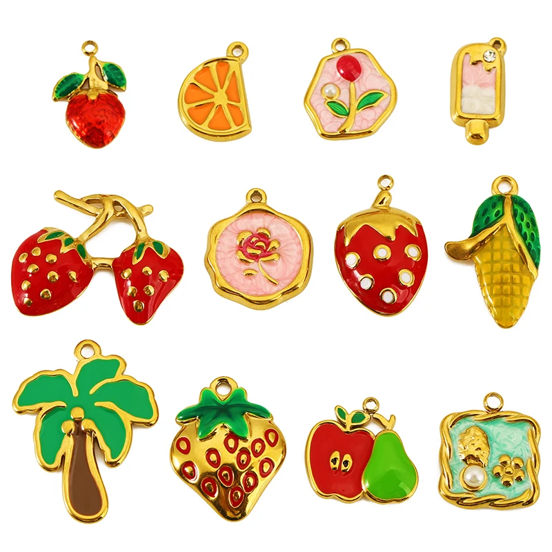 

4pcs Stainless Steel Enamel Strawberry Lemon Pear Corn Charm Fruits Pendant for DIY Necklace Bracelet Jewelry Making Accessories