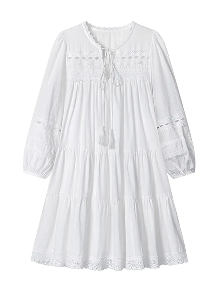 韓国風フレンチ風ホワイトレースドレス、シフォン裏地付きコットンジャカード、刺繍カットアウト長袖マキシドレス