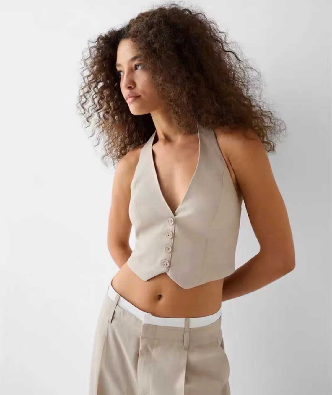 

Summer New Women's Wide Leg Pants Bal Collar Vest Color Blo High Waist Long Pants Simple Sle 389602 02374
