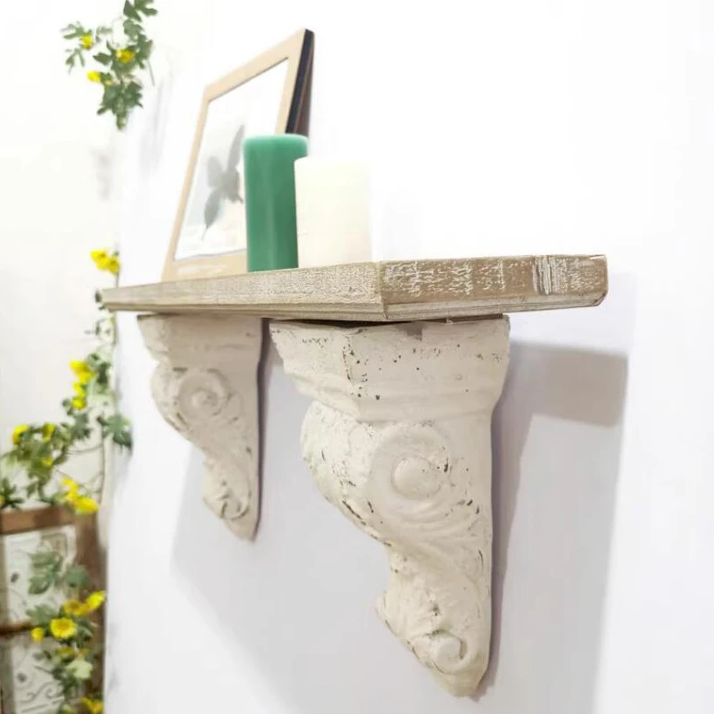 Europe Retro Vintage White Wood Floating Shelf with Brackets