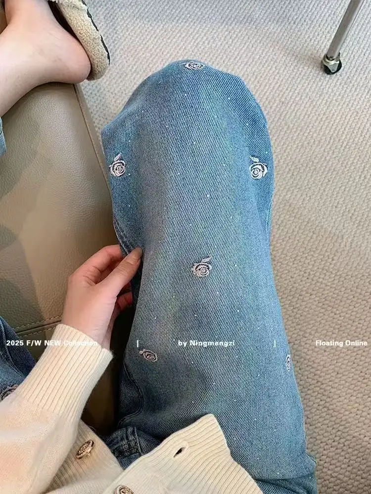 Jeans da donna Pantaloni a gamba larga Jean a vita alta Denim lavato Tasche vintage Pantaloni alla caviglia Cerniera con mosca Diamanti ricamati