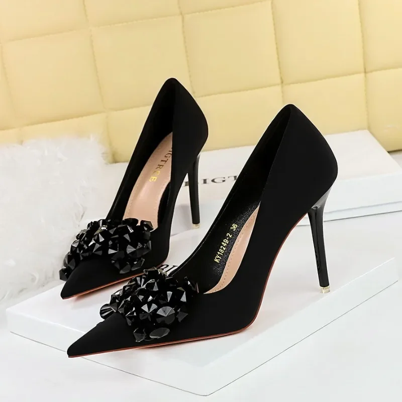 BIGTREE Shoes Gemstone Bowknot Women Pumps Silks Satins High Heels Sexy Party Shoes Fashion Stilettos Wedding Shoes Stilettos