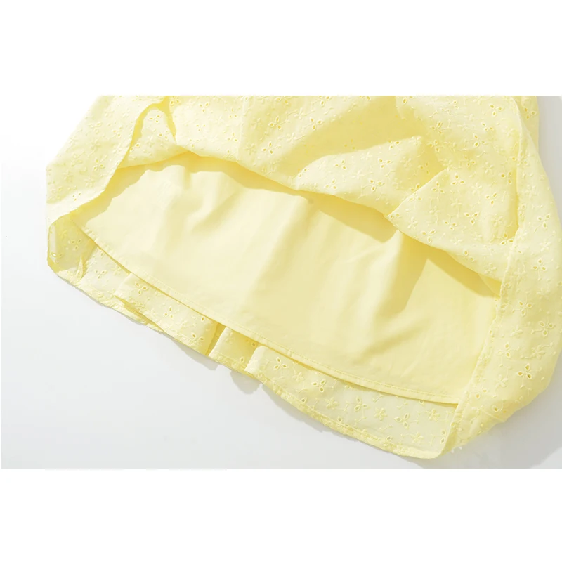 Robe jaune ajourée brodée sans manches pour femmes, avec nœud, col en V, taille basse, ligne a, Robe de fête de vacances, été 2025