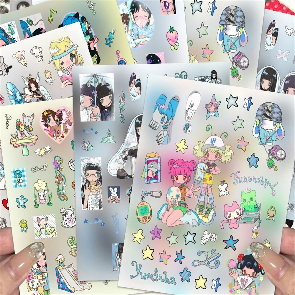 6 Blatt Niedliche Handgezeichnete Anime-Mädchen Aufkleber aus PVC für Bastelbedarf, Scrapbooking-Material, Handy, Wasserflasche – Detail 7