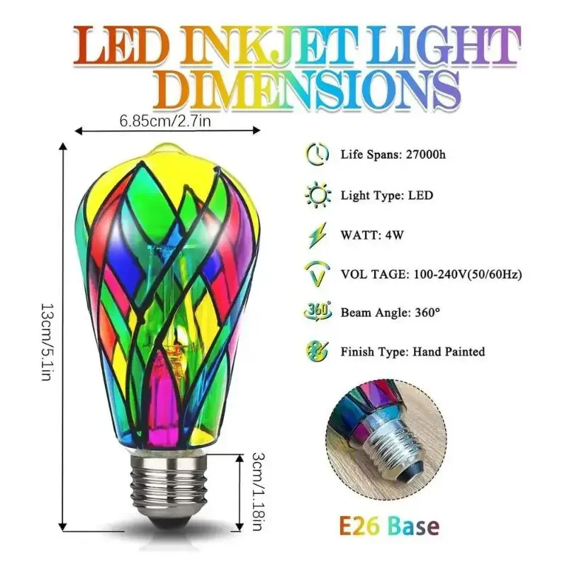 4W ST64 LED-Glühbirne, Buntglas-Glühbirne, lackiertes Glas, E26-Sockel, Mosaik-Nachtlampe, Heimdekoration, romantische festliche Atmosphäre