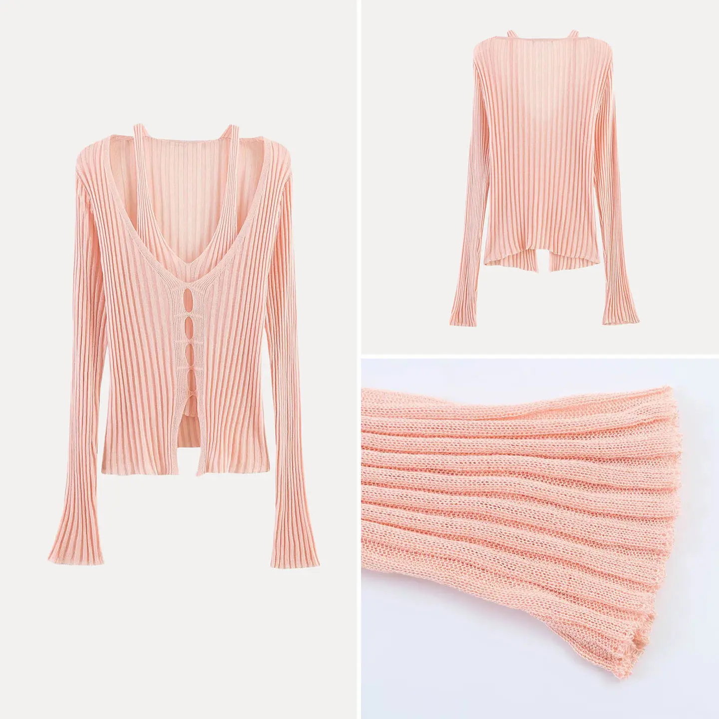 

Slim Fit Pure Color Knitted Sweater Women's Fashion 2026 Summer Style Fake Two-Piece Design Long Sleeve Casual Wear