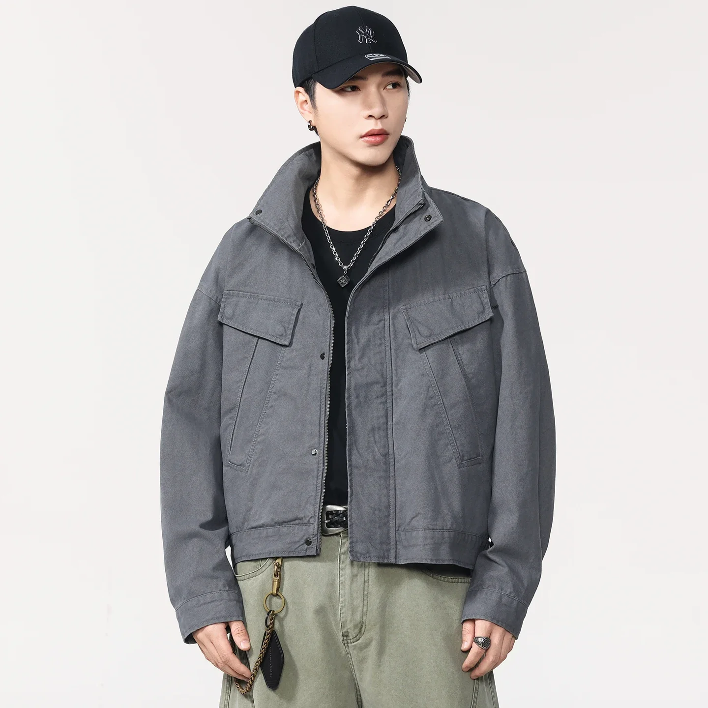 

Man Outerwear Men Korean Streetwear Fashion Stand Collar Vintage Loose Casual Short Cargo Jacket Unisex Spring Autumn Coat