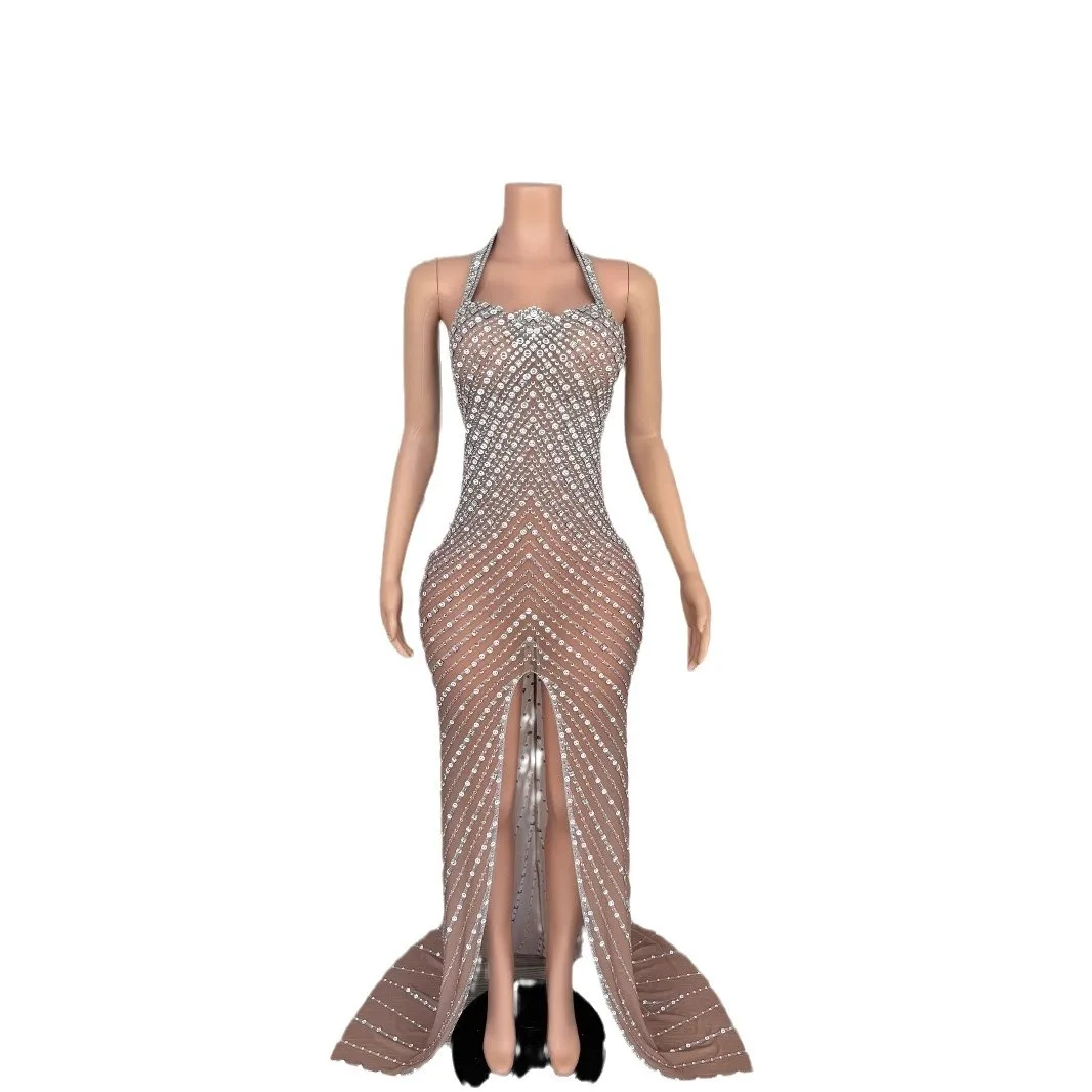 Vêtements de Performance pour groupe féminin, jupe longue en maille à strass, modèle d'invité, robe de Banquet de luxe légère haut de gamme, 2025