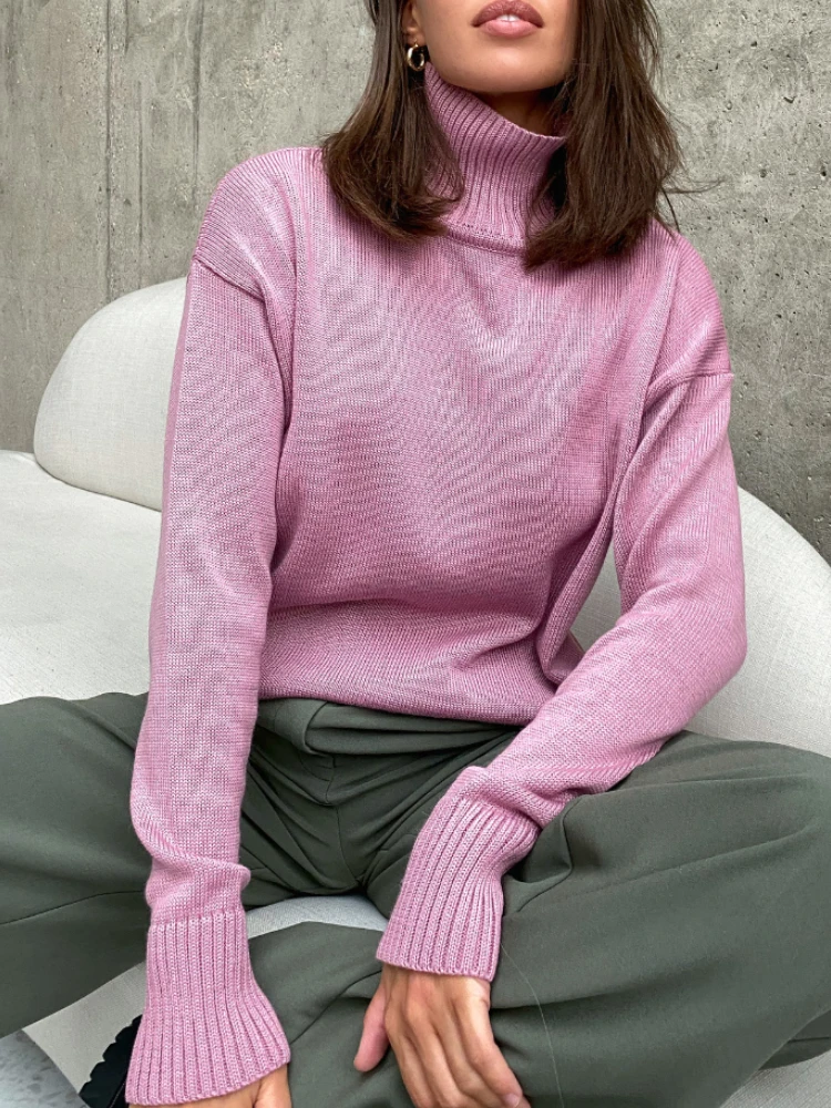 

2023 Pink Turtleneck Collar Sweater Women Autumn Winter Solid Knitting Pullovers Oversize Basic Green Blue Jumper Pull Femme