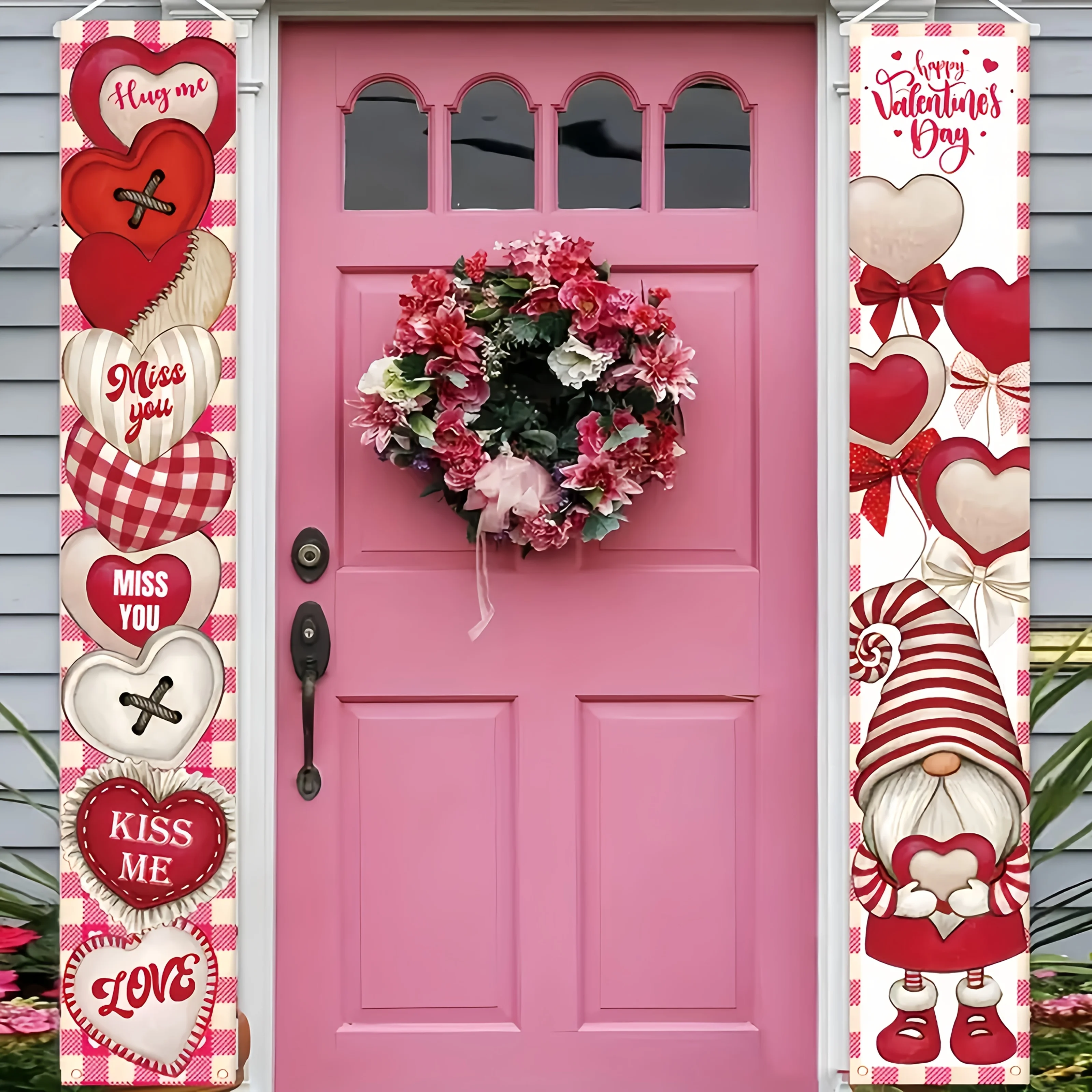 1 Pair Valentine's Day Heart Slogan Dwarf Door Flag Set, Red and White Checkered Romantic Decorative Hanging Flag, Polyester Material Holiday Porch Decoration Couplet