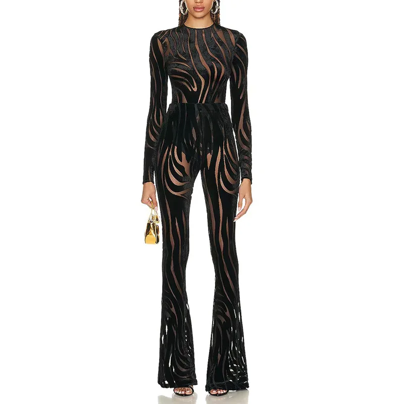 European and American fashion pants set women's zebra pattern perspective carved velvet jumpsuit flared pants two-piece set