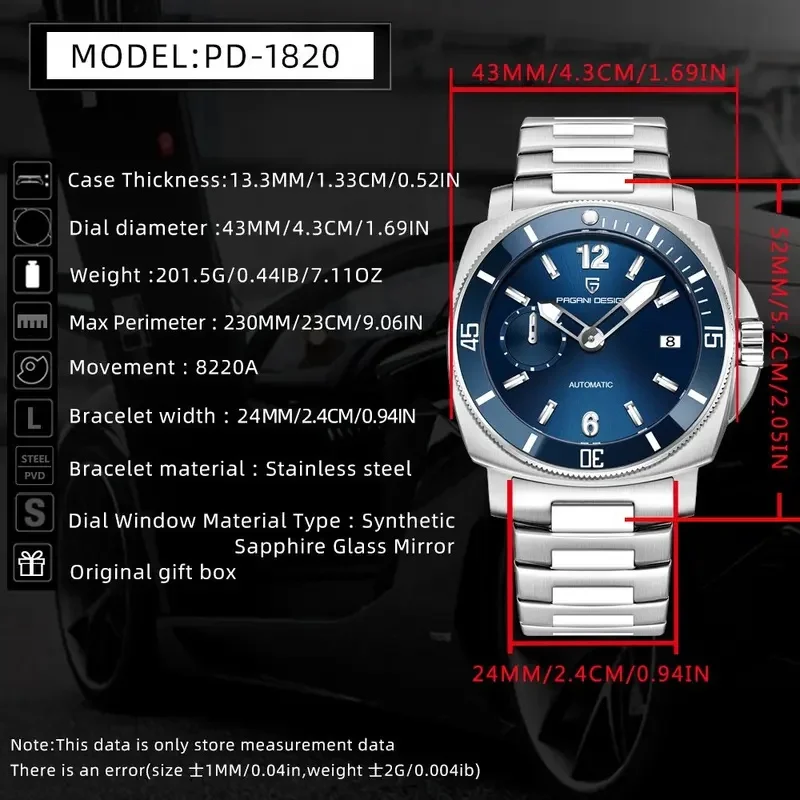 PAGANI DESIGN PD-1820 Men Date Mechanical Watches Full Stainless Steel Sapphire Glass Lumious 10Bar Waterproof Automatic Watch