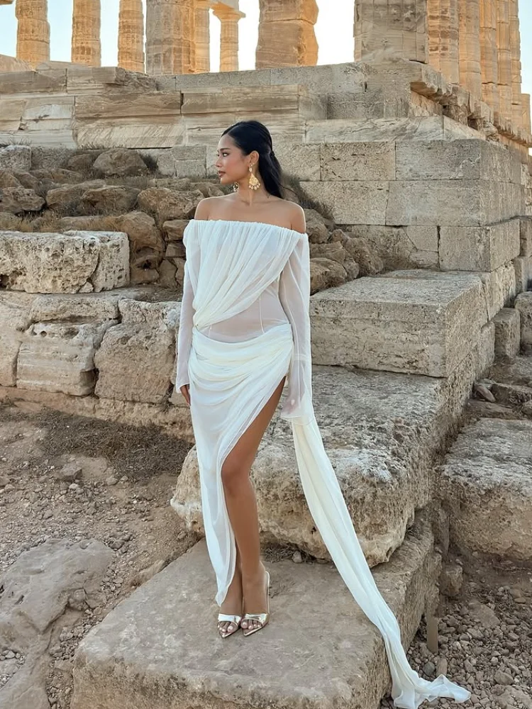 여성 시크 섹시 스트랩리스 드레스 긴 소매 오프숄더 하이웨이스트 리본 플리츠 슬림 드레스 여성 2025 휴가 비치 로브
