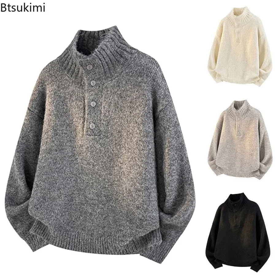 Men Half Button Stand Collar Knit Sweater Solid Color Loose Soft Long Sleeve Pullover Couple Casual Autumn Winter Knitwear Top