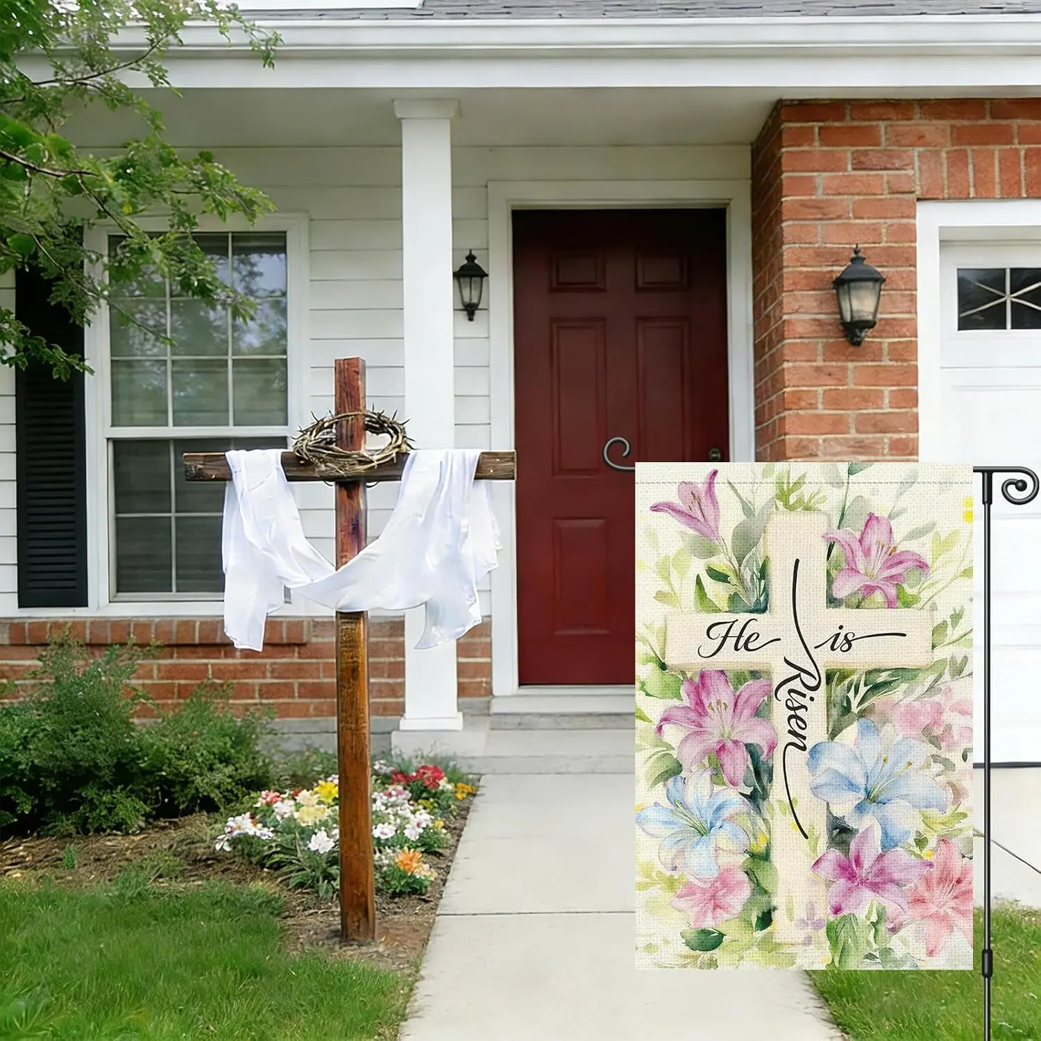Louise Maelys Easter Cross Garden Flag He Is Risen Watercolor Lily Floral Double Sided 12x18 Inch Small Burlap Butterfly Spr zzo