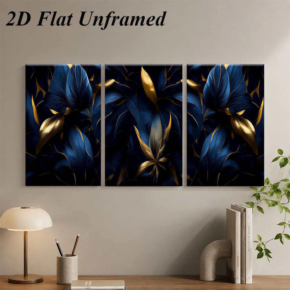 1 set of modern light luxury style triple frameless decorative paintings, blue gold plant flower art paintings, 2D flat