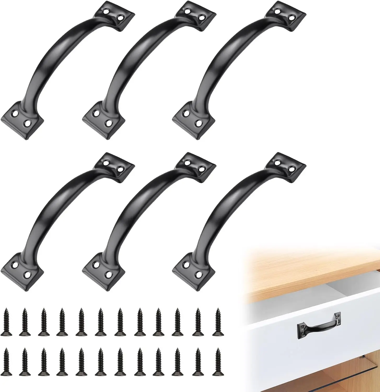 6 Packs 5.43'' Metal Gate Handle Replacement Kit, Black Screen Barn Door Handles Matte, Exterior Drawer Cabinet Pulls Knobs