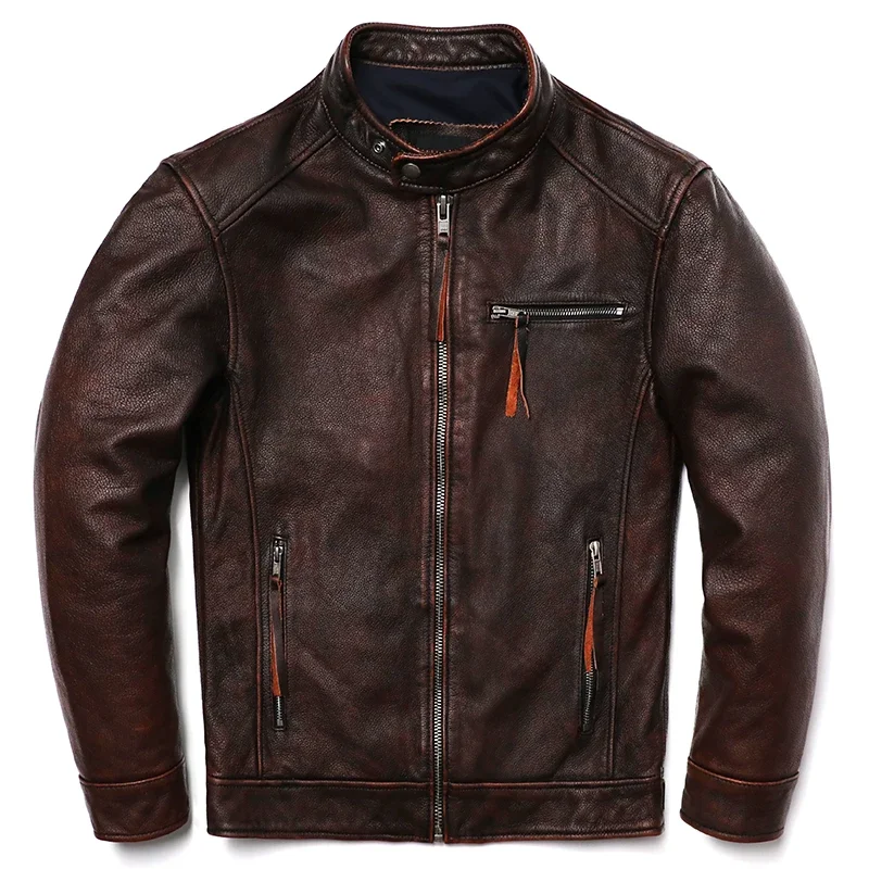 Free Shipping Vintage Brown Style Genuine Leather Jacket Men's 100% Natural Cowhide Fashion Clothes Motocyle Biker Slim Jacket