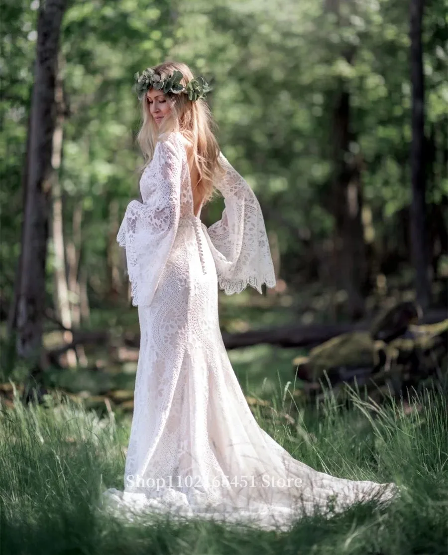 Flare Lange Mouw Trouwjurken Zeemeermin Boho Strand Bruidsjurken Kanten V-Hals Backless Country Bohemian Bride Mariage