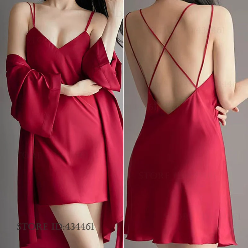 

Сексуальное женское белье, женский комплект-двойной халат, ночная рубашка, весна-лето, новая ночная рубашка с открытой спиной, одежда для сна, свободная домашняя одежда из ледяного шелка, пижама