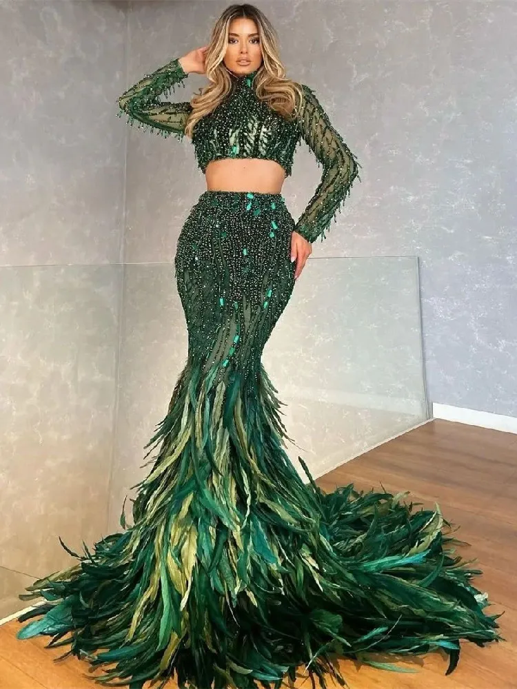 

Dark Green Evening Dresses 2 Pieces High Neck Long Sleeves Sequins Beaded Feather Appliques Celebrity Prom Dresses Custom Made