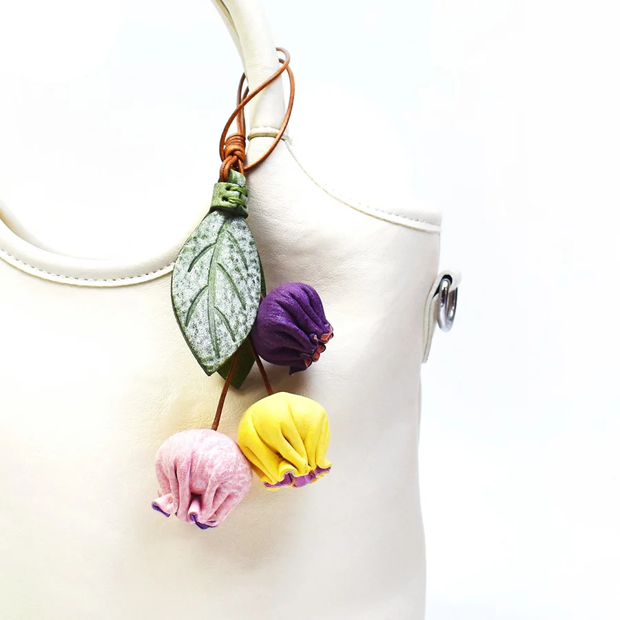 Three-color Bell Flower Handmade Leather Bag Charm Top Layer Cowhide Rural Style Decoration Fashion Accessories Bag Pendant