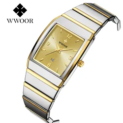 Luxury Men Watch Rectangle Square Dial Gold Black Reloj Mens Quartz Wristwatch Classic Golden Watches Business Man Vintage Clock