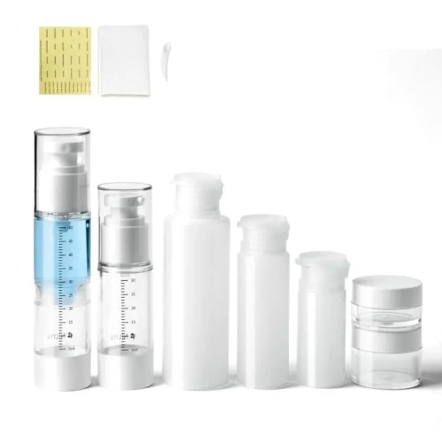 Travel Bottles Kits 7 Pcs, TSA Approved Leak Proof Toiletry Container Set, Graduated Vaccumn atomizer and Lotion Bottle, Squeez
