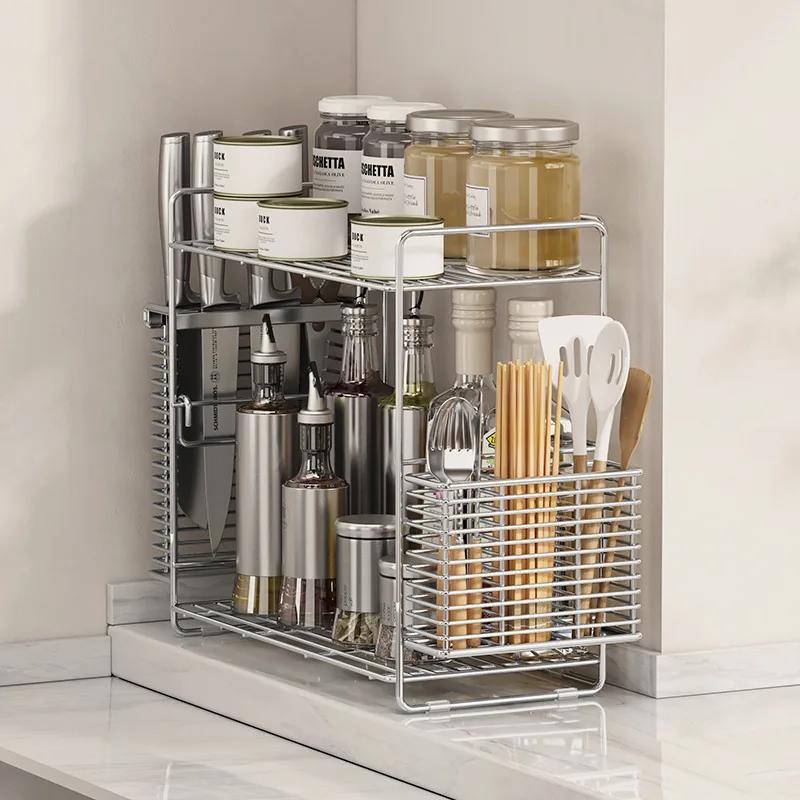 

304 Stainless Steel Corner Spice Rack Kitchen Countertop Narrow Oil Salt Storage Double Layer Seasoning Holder Kitchen Storag...