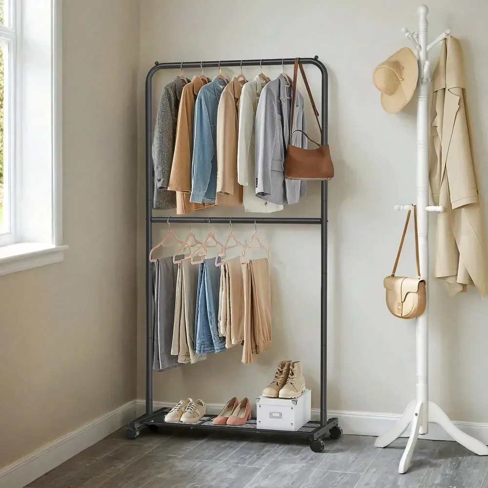 

Clothes Rack With Wheels, DoubleRod Clothing Rack For Hanging Clothes, 25.4mm Metal Garment Rack With Dense Mesh Storage Shelf,