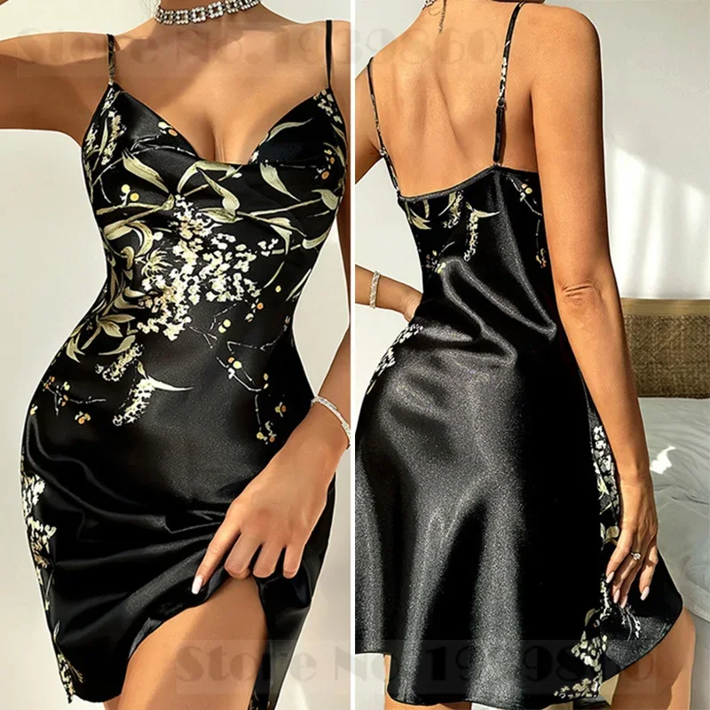 

Print Cherry Satin Nightdress Intimate Lingerie Female Suspender Nightgown Chemise Sleepwear Spring Suummer Homewear Lounge Wear