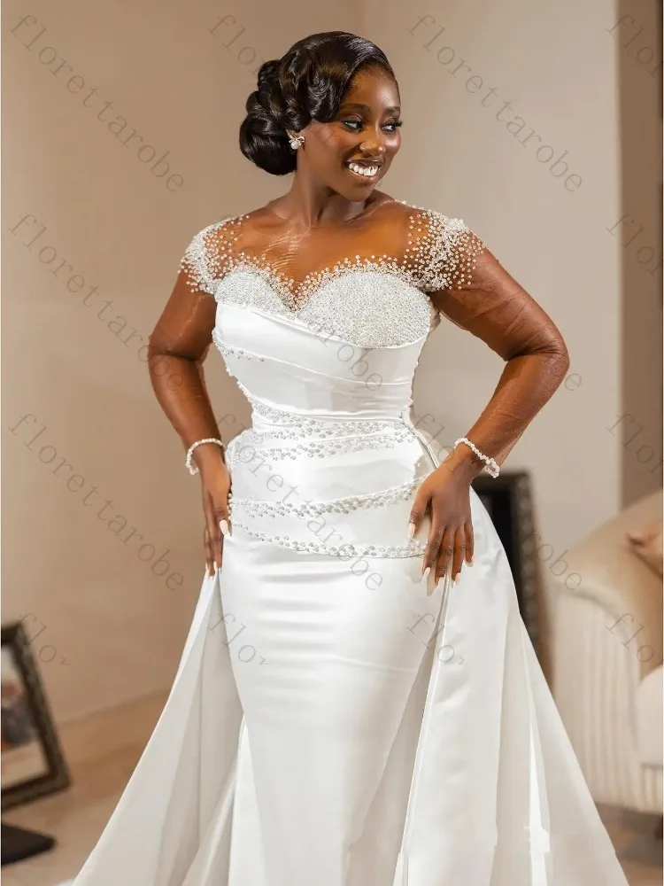 Customized Elegant Pearls Mermaid Wedding Dresses Exquisite O-neck Long Sleeve Bridal Dress Modern Removable Train Bride Gowns