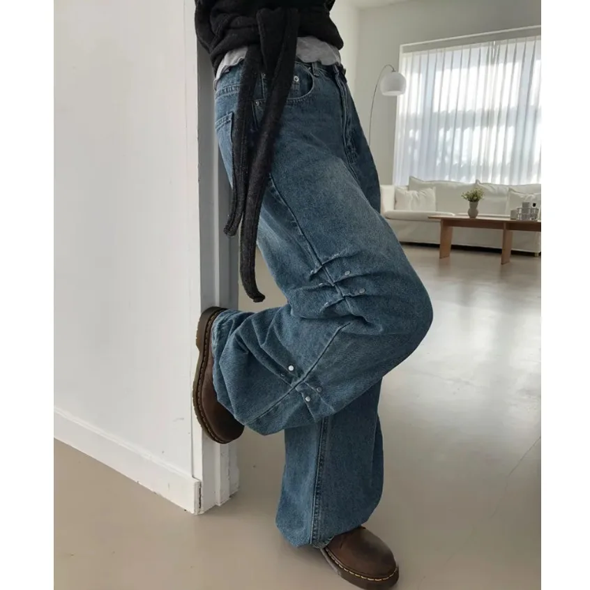 Casual Wide Leg Pants Asymmetrical High Waist Jeans Loose Fit Drapey Knife  Workwear Style Long Trousers for Women