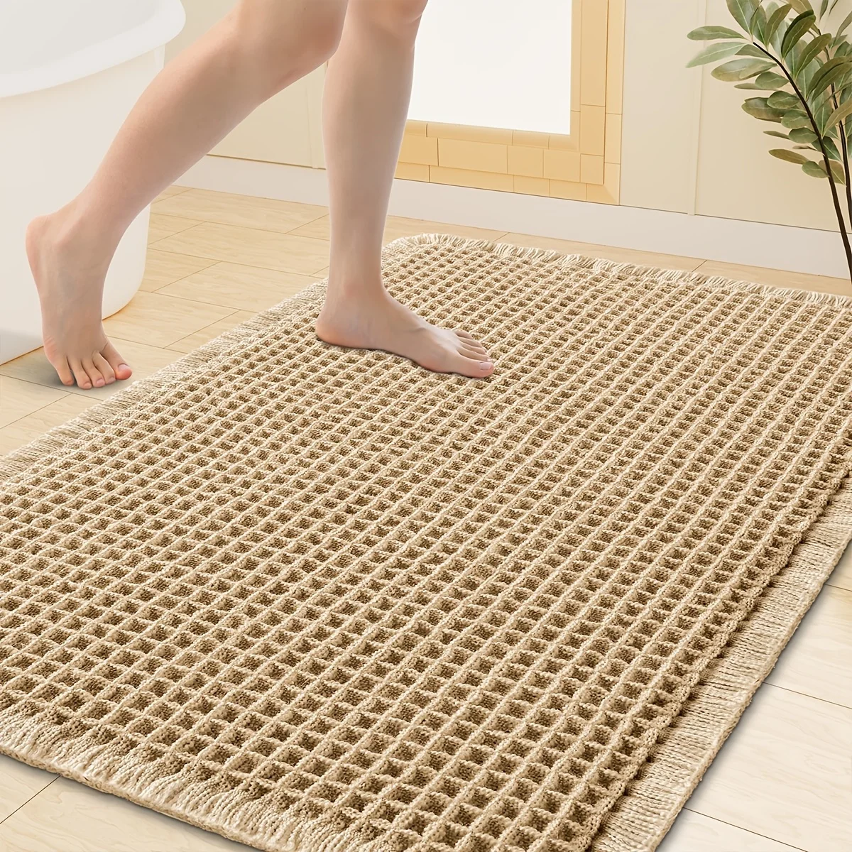 XM-Luvetoria 1pc Waffle Bath Mat Super Absorbent Non-Slip Machine Washable Bathroom Rugs with Quick Dry Ultra Soft Design Boho Farmhouse Decor Rubber Backed for Safety Bath Rug for Bathroom Rug Kitchen Room Bedroom Laundryroom