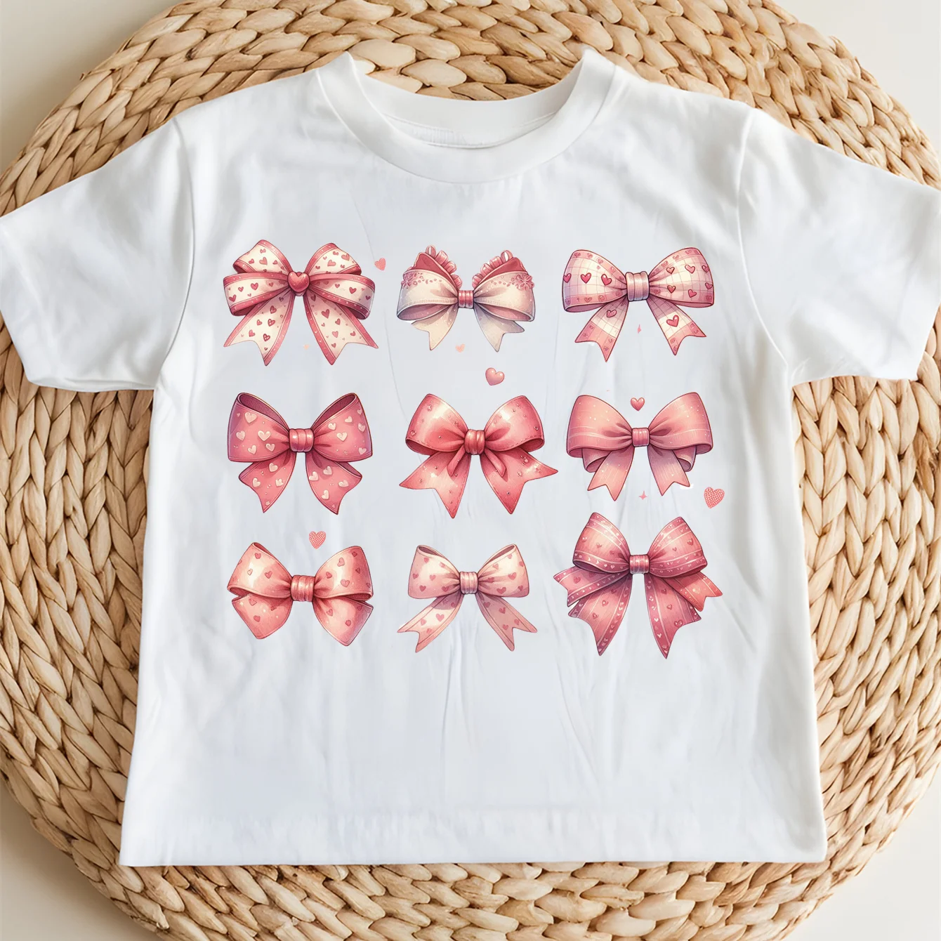 

100% Cotton Pink Bow Print Children’s Base Clothe Girl Comfortable T-shirt Outdoor O-neck Short Sleeve T-shirt
