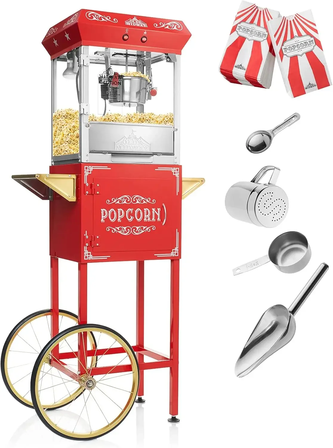 Vintage Style Popcorn Machine Maker  with Cart and 6-Ounce Kettle - Red